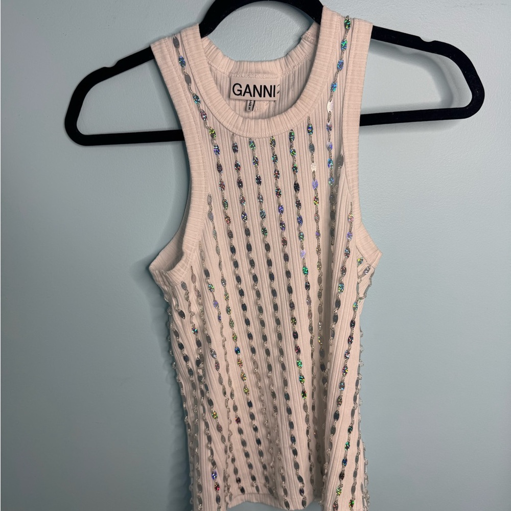 Ganni Cream Tank Top with Multicolor Details
